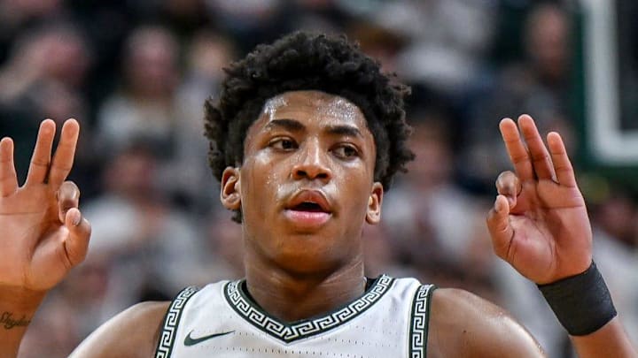 Michigan State's Jeremy Fears Jr. celebrates after making a 3-pointer against UCLA during the first half on Tuesday, Feb. 17, 2026, at the Breslin Center in East Lansing.