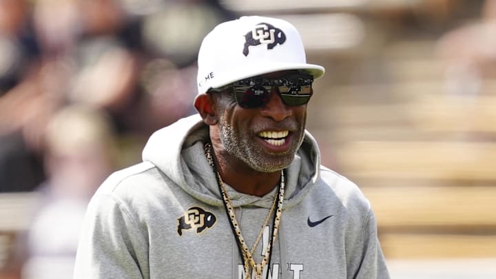 Sep 6, 2025; Boulder, Colorado, USA; Colorado Buffaloes head coach Deion Sanders before the game against the Delaware Fightin Blue Hens at Folsom Field. Sep 6, 2025; Boulder, Colorado, USA; Colorado Buffaloes head coach Deion Sanders before the game against the Delaware Fightin Blue Hens at Folsom Field.