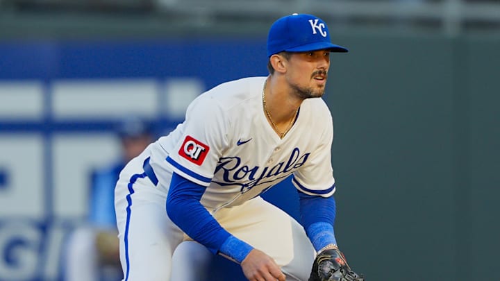 Apr 9, 2025; Kansas City, Missouri, USA; Kansas City Royals first baseman Cavan Biggio (18) gets ready during a game against the Minnesota Twins at Kauffman Stadium. Mandatory Credit: Jay Biggerstaff-Imagn Images Apr 9, 2025; Kansas City, Missouri, USA; Kansas City Royals first baseman Cavan Biggio (18) gets ready during a game against the Minnesota Twins at Kauffman Stadium. Mandatory Credit: Jay Biggerstaff-Imagn Images