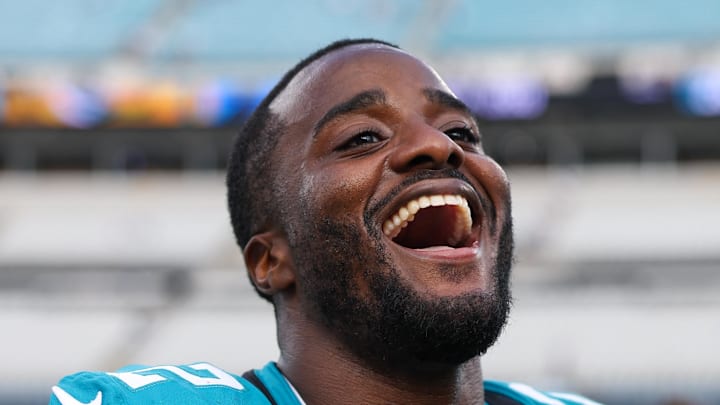 Sep 7, 2025; Jacksonville, Florida, USA; Jacksonville Jaguars cornerback Jourdan Lewis (2) reacts after beating the Carolina Panthers at EverBank Stadium. Mandatory Credit: Nathan Ray Seebeck-Imagn Images