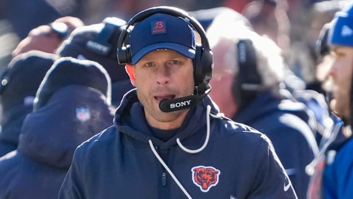 Dec 14, 2025; Chicago, Illinois, USA; Chicago Bears head coach Ben Johnson walks along the sideline during the first quarter against the Cleveland Browns at Soldier Field. Mandatory Credit: David Banks-Imagn Images