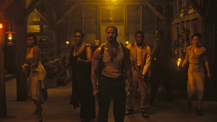 (L-r) JAYME LAWSON as Pearline, WUNMI MOSAKU as Annie, MICHAEL B. JORDAN as Smoke, MILES CATON as Sammie Moore, and LI JUN LI as Grace Chow in Sinners.