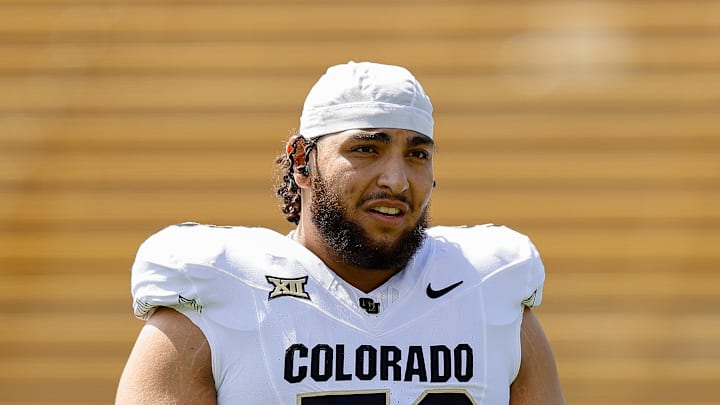 Apr 19, 2025; Boulder, CO, USA; Colorado Buffaloes offensive guard Yahya Attia (59) during the spring game at Folsom Field. Mandatory Credit: Isaiah J. Downing-Imagn Images