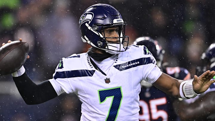 Dec 26, 2024; Chicago, Illinois, USA; Seattle Seahawks quarterback Geno Smith (7) passes the ball against the Chicago Bears during the third quarter at Soldier Field. Mandatory Credit: Daniel Bartel-Imagn Images