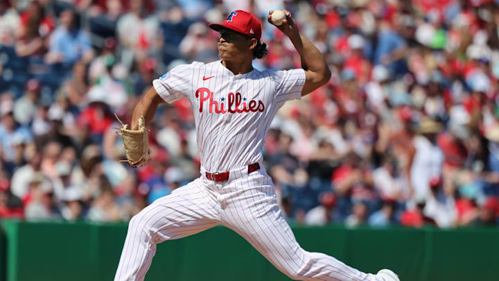 Feb 28, 2025; Clearwater, Florida, USA;  Philadelphia Phillies starting pitcher Jesus Luzardo (44) throws a pitch during the first inning against the Boston Red Sox at BayCare Ballpark. 