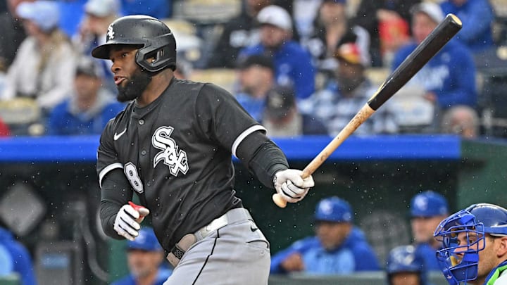 Chicago White Sox center fielder Luis Robert Jr. (88) hits against the Kansas City Royals at Kauffman Stadium. Chicago White Sox center fielder Luis Robert Jr. (88) hits against the Kansas City Royals at Kauffman Stadium.