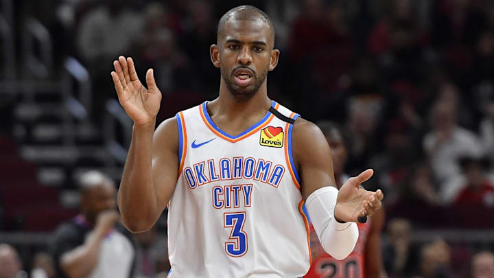 Feb 25, 2020; Chicago, Illinois, USA; Oklahoma City Thunder guard Chris Paul (3) reacts after scoring in the first half against the Chicago Bulls at United Center. Mandatory Credit: Quinn Harris-Imagn Images Feb 25, 2020; Chicago, Illinois, USA; Oklahoma City Thunder guard Chris Paul (3) reacts after scoring in the first half against the Chicago Bulls at United Center. Mandatory Credit: Quinn Harris-Imagn Images