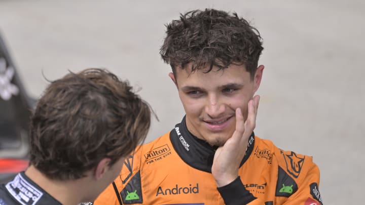 Jun 9, 2024; Montreal, Quebec, CAN; McLaren driver Lando Norris (GBR) (right) talks with Mercedes driver George Russell (GBR)  after the Canadian Grand Prix at Circuit Gilles Villeneuve. Mandatory Credit: Eric Bolte-USA TODAY Sports
