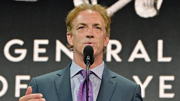 Jul 7, 2022; Montreal, Quebec, CANADA; Colorado Avalanche executive vice president and general manager Joe Sakic speaks after receiving the Jim Gregory general manager of the year award during the first round of the 2022 NHL Draft at Bell Centre. Mandatory Credit: Eric Bolte-USA TODAY Sports Jul 7, 2022; Montreal, Quebec, CANADA; Colorado Avalanche executive vice president and general manager Joe Sakic speaks after receiving the Jim Gregory general manager of the year award during the first round of the 2022 NHL Draft at Bell Centre. Mandatory Credit: Eric Bolte-USA TODAY Sports