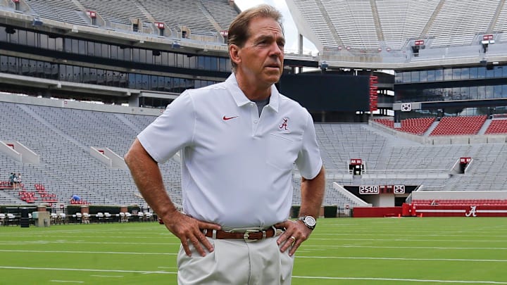 Alabama football coach Nick Saban stands on the turf inside Bryant-Denny Stadium during his team's media day in 2019.