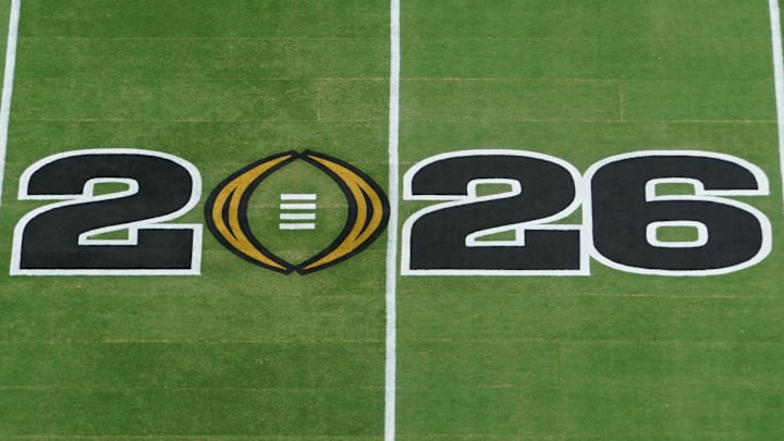 Jan 19, 2026; Miami Gardens, FL, USA; A general view of a 2026 logo before the CFP National Championship college football game between the Indiana Hoosiers and the Miami Hurricanes at Hard Rock Stadium. Mandatory Credit: James Lang-Imagn Images Jan 19, 2026; Miami Gardens, FL, USA; A general view of a 2026 logo before the CFP National Championship college football game between the Indiana Hoosiers and the Miami Hurricanes at Hard Rock Stadium. Mandatory Credit: James Lang-Imagn Images