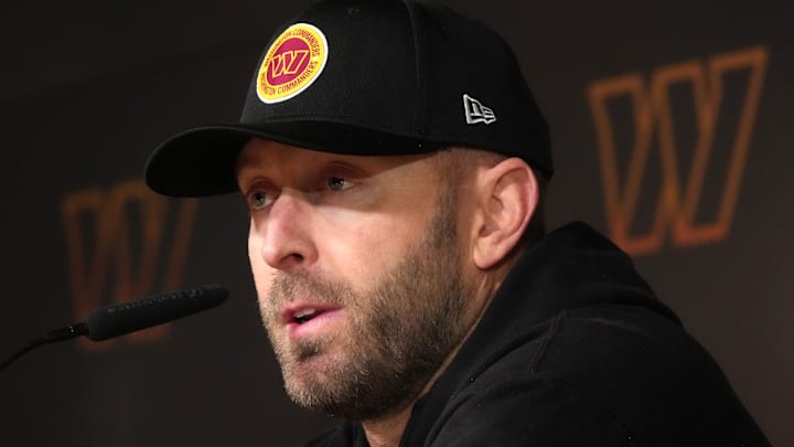 Nov 13, 2025; Madrid, Spain; Washington Commanders offensive coordinator Kliff Kingsbury at press conference at Ciudad Deportiva del Real Madrid. Mandatory Credit: Kirby Lee-Imagn Images