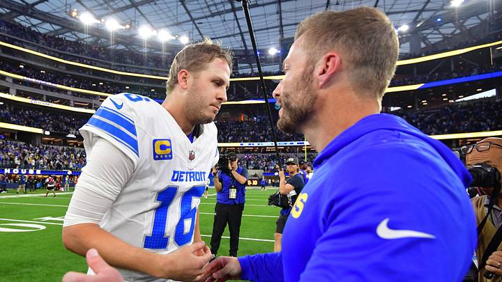 Dec 14, 2025; Inglewood, California, USA; Detroit Lions quarterback Jared Goff (16) and Los Angeles Rams head coach Sean McVay greet each other after the game at SoFi Stadium. Mandatory Credit: Gary A. Vasquez-Imagn Images Dec 14, 2025; Inglewood, California, USA; Detroit Lions quarterback Jared Goff (16) and Los Angeles Rams head coach Sean McVay greet each other after the game at SoFi Stadium. Mandatory Credit: Gary A. Vasquez-Imagn Images