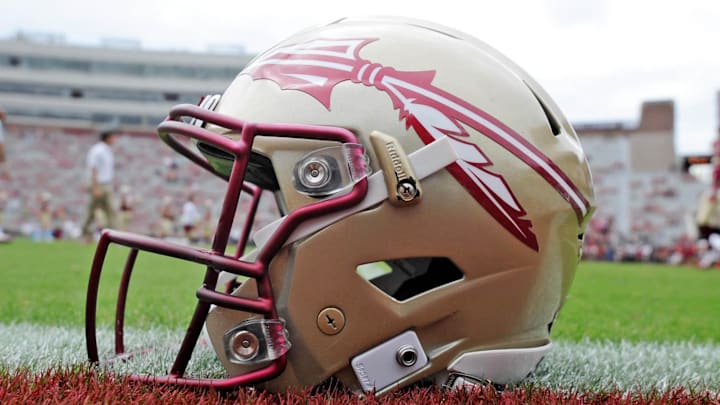 Oct 7, 2017; Tallahassee, FL, USA; View of a Florida State Seminoles helmet on the field before the game against the Miami Hurricanes at Doak Campbell Stadium. Mandatory Credit: Melina Vastola-Imagn Images
