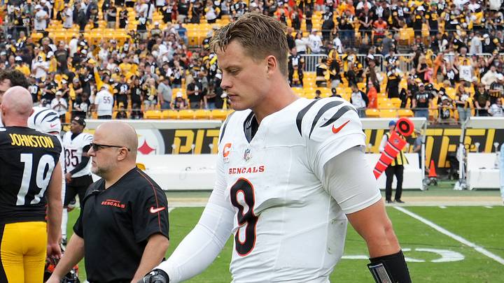 Cincinnati Bengals quarterback Joe Burrow (9) walks off the field at the conclusion of the NFL Week 3 game between the Cincinnati Bengals and Pittsburgh Steelers, Sunday, Sept. 27, 2026, at Acrisure Stadium in Pittsburgh, Pa. Steelers won 30-27.
