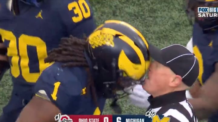 Michigan’s Jaishawn Barham was flagged after head butting an official, but was not ejected from the game. 