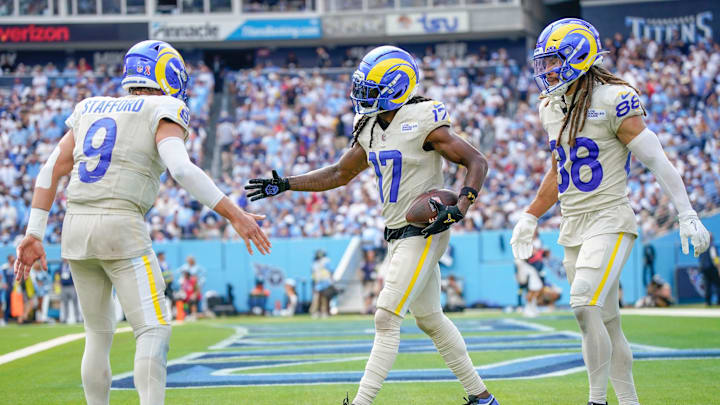 Los Angeles Rams wide receiver Davante Adams (17) celebrates his touchdown against the Tennessee Titans during the fourth quarter at Nissan Stadium in Nashville, Tenn., Sunday, Sept. 14, 2025. Los Angeles Rams wide receiver Davante Adams (17) celebrates his touchdown against the Tennessee Titans during the fourth quarter at Nissan Stadium in Nashville, Tenn., Sunday, Sept. 14, 2025.