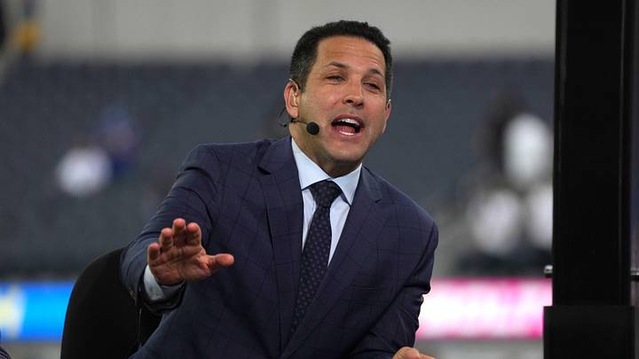 Oct 4, 2021; Inglewood, California, USA; Adam Schefter broadcasts from the ESPN Monday Night Football Countdown set before a game between the Los Angeles Chargers and the Las Vegas Raiders at SoFi Stadium. Mandatory Credit: Kirby Lee-Imagn Images