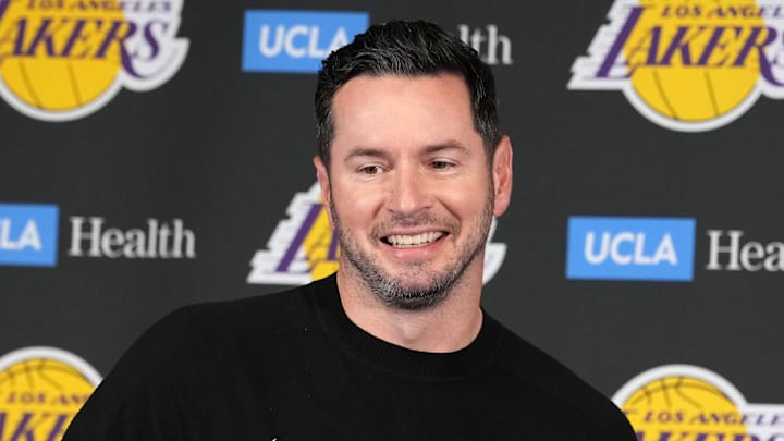 Dec 20, 2025; Inglewood, California, USA; Los Angeles Lakers Head Coach JJ Redick at press conference prior to the game against the LA Clippers at the Intuit Dome. Mandatory Credit: Kirby Lee-Imagn Images
