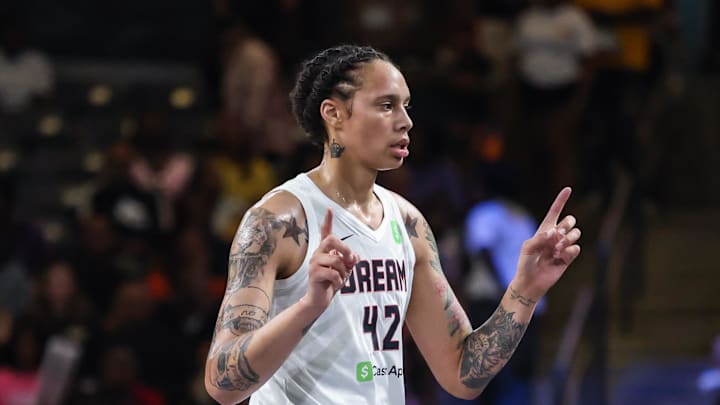 Jul 29, 2025; College Park, Georgia, USA; Atlanta Dream center Brittney Griner (42) reacts to a call in the game against the Golden State Valkyries during the first quarter at Gateway Center Arena at College Park. Mandatory Credit: Jordan Godfree-Imagn Images