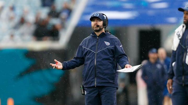 Dec 29, 2024; Jacksonville, Florida, USA; Tennessee Titans head coach Brian Callahan reacts to a call against the Jacksonville Jaguars during the second quarter at EverBank Stadium. Mandatory Credit: Morgan Tencza-Imagn Images