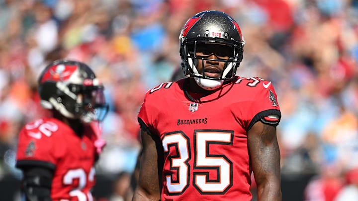 Oct 23, 2022; Charlotte, North Carolina, USA; Tampa Bay Buccaneers cornerback Jamel Dean (35) on the field in the first quarter at Bank of America Stadium. Mandatory Credit: Bob Donnan-Imagn Images