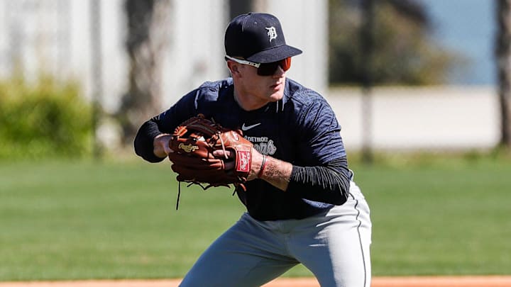 Tigers prospect Kevin McGonigle during spring training at TigerTown in Lakeland, Florida, on Thursday, Feb. 22, 2024.