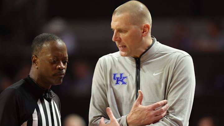 Kentucky head coach Mark Pope argues a call during the first half of a NCAA mens basketball game at Steven C. O'Connell Center Exactek arena in Gainesville, FL on Saturday, February 14, 2026. [Alan Youngblood/Gainesville Sun]