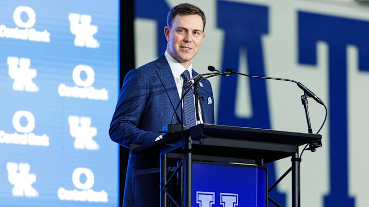 Dec 3, 2025; Lexington, KY, USA; Kentucky Wildcats head football coach Will Stein speaks during his introductory press conference at Nutter Field House. Mandatory Credit: Jordan Prather-Imagn Images