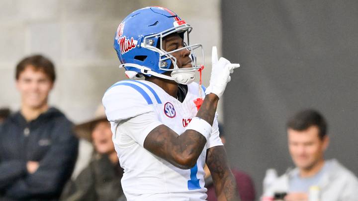 Ole Miss Rebels wide receiver Deuce Alexander (1) celebrates his touchdown against the Vanderbilt Commodores during the first half at FirstBank Stadium. Ole Miss Rebels wide receiver Deuce Alexander (1) celebrates his touchdown against the Vanderbilt Commodores during the first half at FirstBank Stadium.