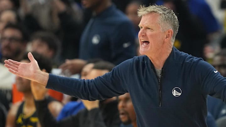 Jan 2, 2026; San Francisco, California, USA; Golden State Warriors head coach Steve Kerr reacts to a foul call during the first quarter against the Oklahoma City Thunder at Chase Center. Mandatory Credit: Darren Yamashita-Imagn Images