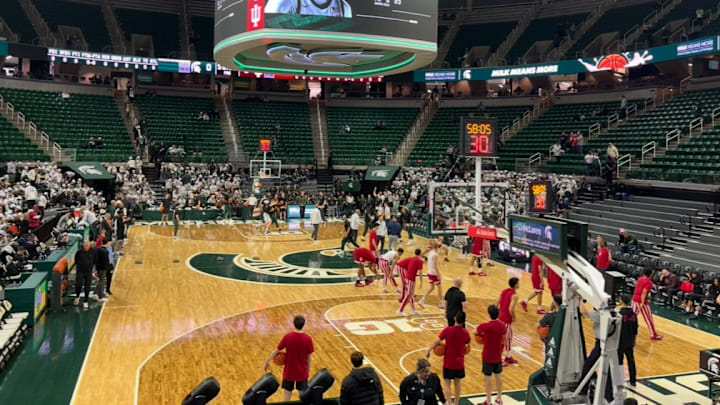 Indiana warms up before playing No. 11 Michigan State at the Breslin Center.