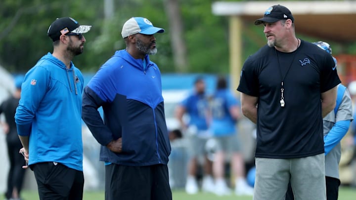Detroit Lions Chief Operating Officer Mike Disner, GM Brad Holmes and Head Coach Dan Campbell 