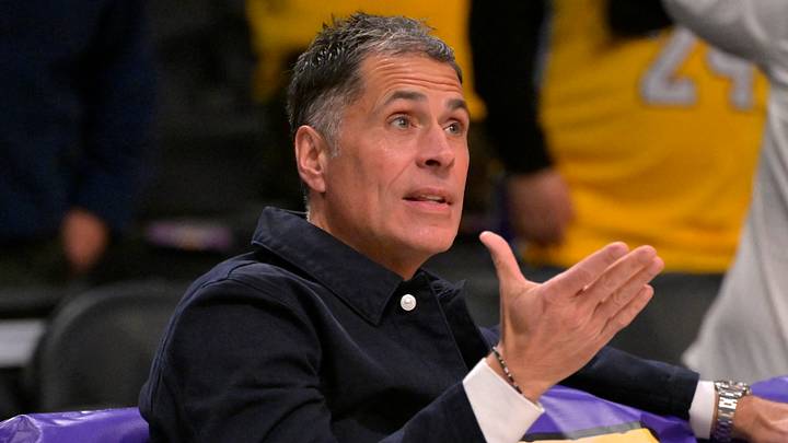 Nov 21, 2024; Los Angeles, California, USA;  Los Angeles Lakers general manager Rob Pelinka looks on as players warm up prior to the game against the Orlando Magic at Crypto.com Arena. Mandatory Credit: Jayne Kamin-Oncea-Imagn Images