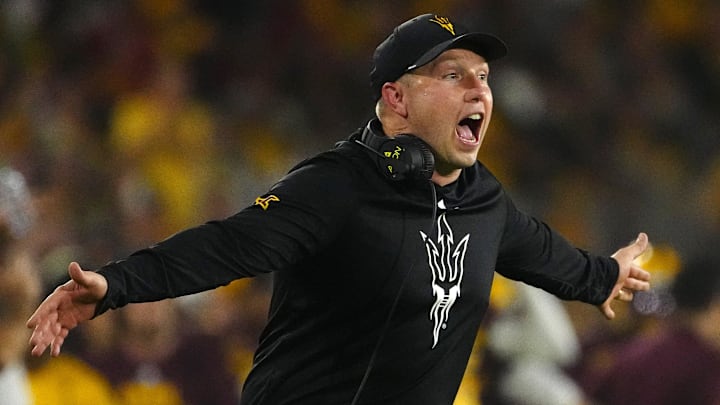 Arizona State head coach Kenny Dillingham yells to his team as they play against NAU during a game at Mountain America Stadium in Tempe on Aug. 30, 2025. Arizona State head coach Kenny Dillingham yells to his team as they play against NAU during a game at Mountain America Stadium in Tempe on Aug. 30, 2025.