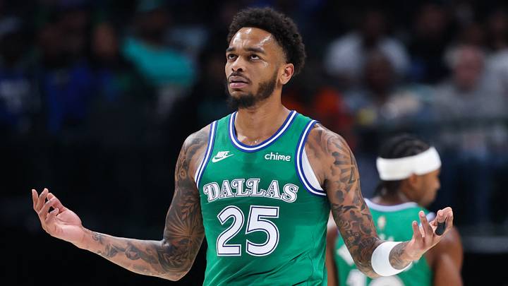 Nov 10, 2025; Dallas, Texas, USA;  Dallas Mavericks forward P.J. Washington (25) reacts against the Milwaukee Bucks  during the first quarter at American Airlines Center. Mandatory Credit: Kevin Jairaj-Imagn Images