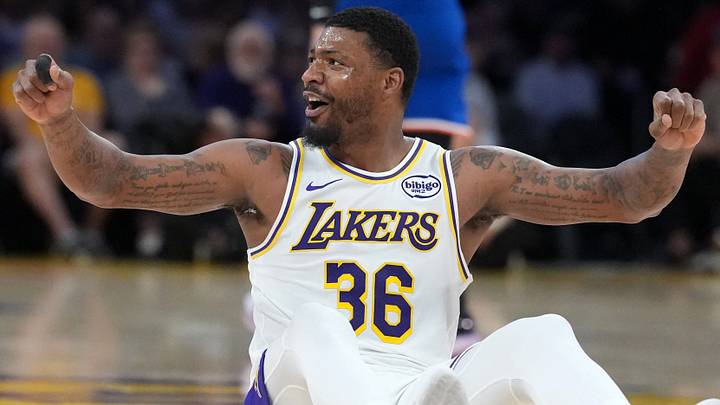 Mar 8, 2026; Los Angeles, California, USA; Los Angeles Lakers guard Marcus Smart (36) reacts against the New York Knicks in the first half at Crypto.com Arena. Mandatory Credit: Kirby Lee-Imagn Images Mar 8, 2026; Los Angeles, California, USA; Los Angeles Lakers guard Marcus Smart (36) reacts against the New York Knicks in the first half at Crypto.com Arena. Mandatory Credit: Kirby Lee-Imagn Images