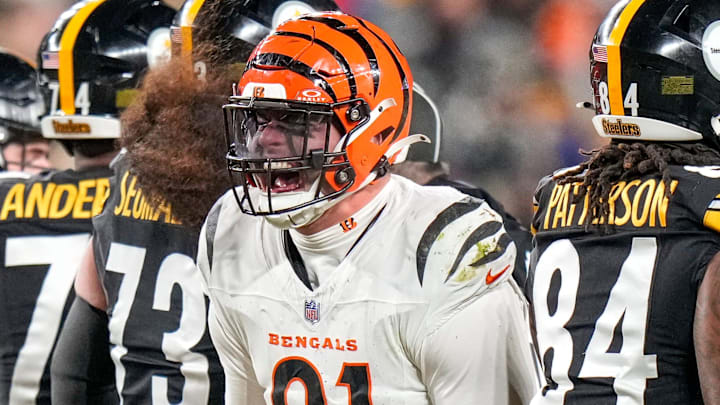 Cincinnati Bengals defensive end Trey Hendrickson (91) celebrates a stop in the fourth quarter of the NFL Week 18 game between the Pittsburgh Steelers and the Cincinnati Bengals at Acrisure Stadium in Pittsburgh on Saturday, Jan. 4, 2025. The Bengals won 19-17 to finish the regular season at 9-8.