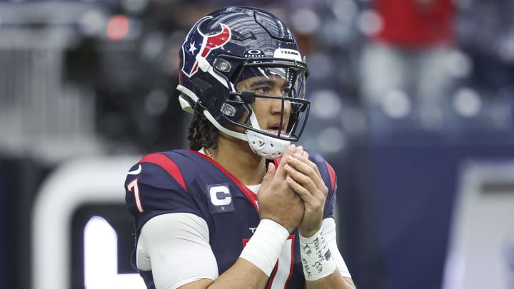 Jan 13, 2024; Houston, Texas, USA; Houston Texans quarterback C.J. Stroud (7) before a 2024 AFC wild card game against the Cleveland Browns at NRG Stadium. Mandatory Credit: Troy Taormina-USA TODAY Sports Jan 13, 2024; Houston, Texas, USA; Houston Texans quarterback C.J. Stroud (7) before a 2024 AFC wild card game against the Cleveland Browns at NRG Stadium. Mandatory Credit: Troy Taormina-USA TODAY Sports