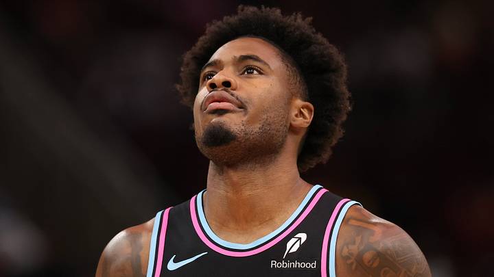 Mar 21, 2026; Houston, Texas, USA; Miami Heat guard Davion Mitchell (45) reacts before playing against the Houston Rockets at Toyota Center. Mandatory Credit: Thomas Shea-Imagn Images