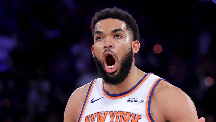 May 4, 2026; New York, New York, USA; New York Knicks center Karl-Anthony Towns (32) reacts during the second quarter of game one of the eastern conference semifinal round of the 2026 NBA Playoffs against the Philadelphia 76ers at Madison Square Garden. Mandatory Credit: Brad Penner-Imagn Images May 4, 2026; New York, New York, USA; New York Knicks center Karl-Anthony Towns (32) reacts during the second quarter of game one of the eastern conference semifinal round of the 2026 NBA Playoffs against the Philadelphia 76ers at Madison Square Garden. Mandatory Credit: Brad Penner-Imagn Images
