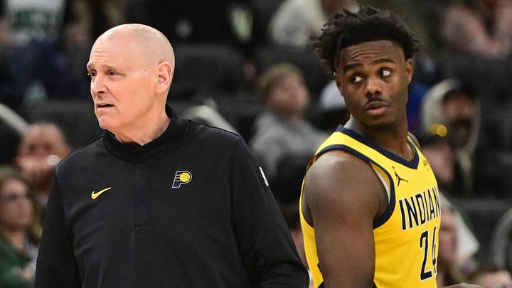 Mar 15, 2026; Milwaukee, Wisconsin, USA;  Indiana Pacers head coach Rick Carlisle reacts with forward Kobe Brown (24) in the third quarter against the Milwaukee Bucks at Fiserv Forum. Mandatory Credit: Benny Sieu-Imagn Images