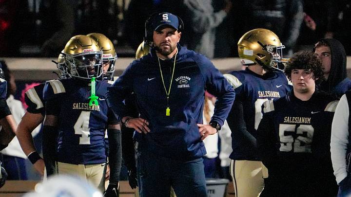 Salesianum head coach Gene Delle Donne watches his team in the fourth quarter of the Cavs’ 16-6 win at Abessinio Stadium, Oct. 24, 2025. Salesianum head coach Gene Delle Donne watches his team in the fourth quarter of the Cavs’ 16-6 win at Abessinio Stadium, Oct. 24, 2025.