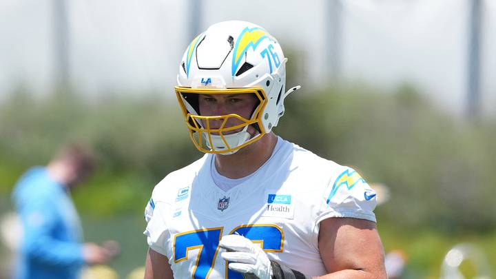 Jun 17, 2026; El Segundo, CA, USA; Los Angeles Chargers tackle Joe Alt (76) during minicamp at The Bolt. Mandatory Credit: Kirby Lee-Imagn Images