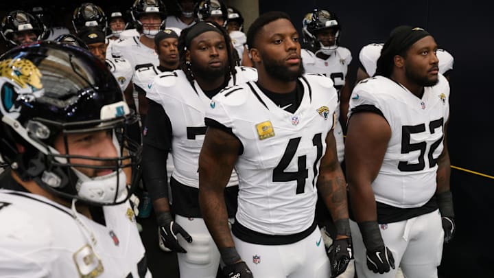 Nov 9, 2025; Houston, Texas, USA; Jacksonville Jaguars defensive end Josh Hines-Allen (41) and teammates wait in the tunnel before playing against the Houston Texans at NRG Stadium. Nov 9, 2025; Houston, Texas, USA; Jacksonville Jaguars defensive end Josh Hines-Allen (41) and teammates wait in the tunnel before playing against the Houston Texans at NRG Stadium.