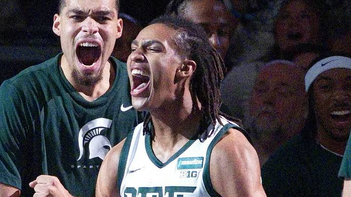 Michigan State forward Jordan Scott (6) is introduced as a starter before an exhibition vs. UConn at the Breslin Center on Tuesday, October 20, 2026