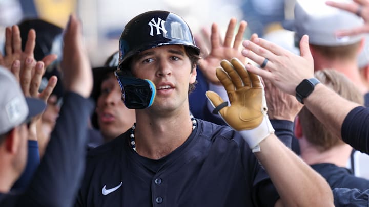 Mar 4, 2025; Clearwater, Florida, USA; New York Yankees outfielder Spencer Jones (78) celebrates after hitting a three-run home run against the Philadelphia Phillies in the third inning during spring training at BayCare Ballpark. Mandatory Credit: Nathan Ray Seebeck-Imagn Images