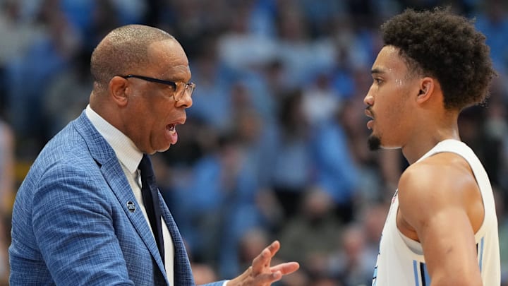 Feb 28, 2026; Chapel Hill, North Carolina, USA; North Carolina Tar Heels head coach Hubert Davis with guard Seth Trimble (7) in the second half at Dean E. Smith Center. Mandatory Credit: Bob Donnan-Imagn Images Feb 28, 2026; Chapel Hill, North Carolina, USA; North Carolina Tar Heels head coach Hubert Davis with guard Seth Trimble (7) in the second half at Dean E. Smith Center. Mandatory Credit: Bob Donnan-Imagn Images