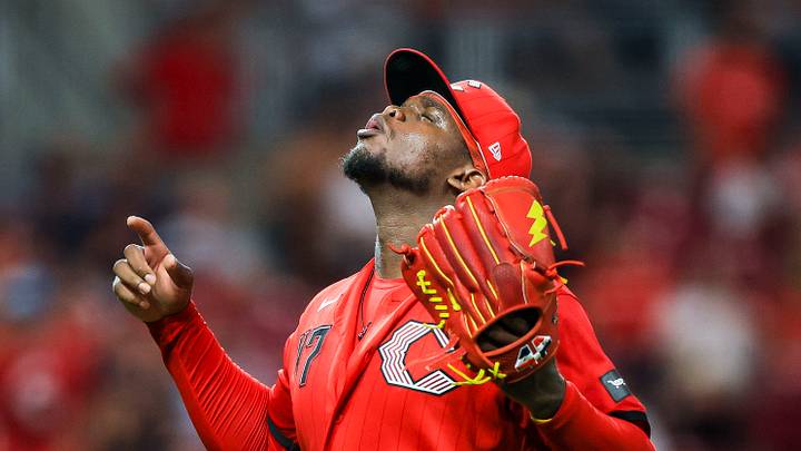 Aug 15, 2026; Cincinnati, Ohio, USA; Cincinnati Reds relief pitcher Luis Mey (47) reacts after a play in the seventh inning against the Miami Marlins at Great American Ball Park. Mandatory Credit: Katie Stratman-Imagn Images Aug 15, 2026; Cincinnati, Ohio, USA; Cincinnati Reds relief pitcher Luis Mey (47) reacts after a play in the seventh inning against the Miami Marlins at Great American Ball Park. Mandatory Credit: Katie Stratman-Imagn Images