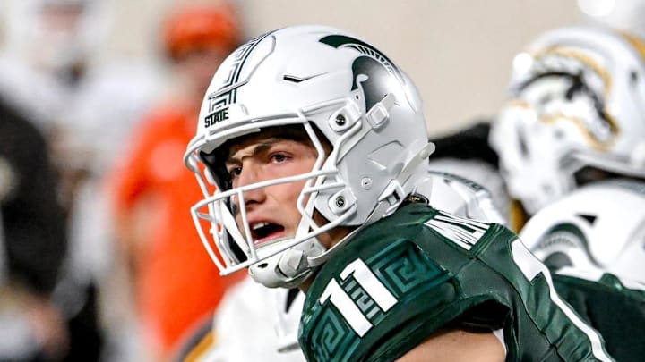 Michigan State's Alessio Milivojevic call out the count before taking the snap against Western Michigan during the fourth quarter on Friday, Aug. 29, 2025, in East Lansing.